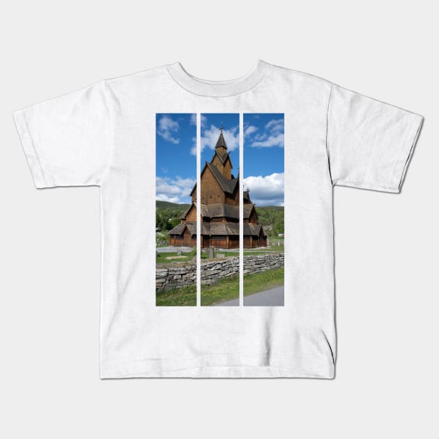 Medieval graveyard and Heddal wooden stave church. Heddal Stavkirke, 13th century. Largest stave church in Norway. Sunny spring day (vertical) Kids T-Shirt by fabbroni-art